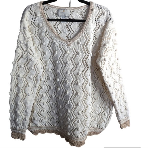😃Express vintage bobble handknits cotton v neck sweater ivory tan sz L - Picture 1 of 6